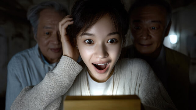 Young Asian woman surprised with open mouth, illuminated by glowing box, two elderly men behind her, joyful family moment indoors - Powered by Adobe