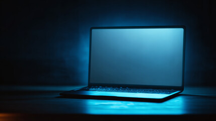 A portable neon computer with blank screen and a desk in a dark room with blue lighting. Striking image featuring a laptop with neon blue light on a digital grid, symbolizing cutting-edge technology.