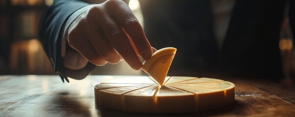 a hand placing a slice of pie on a wooden table.