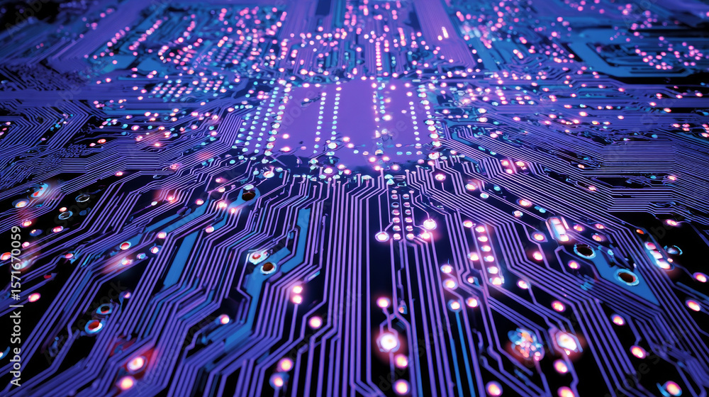 Poster digital circuit board in neon light. pcb background. computer board. motherboard with holes. backgro
