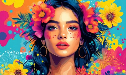 A portrait of a woman adorned with flowers.