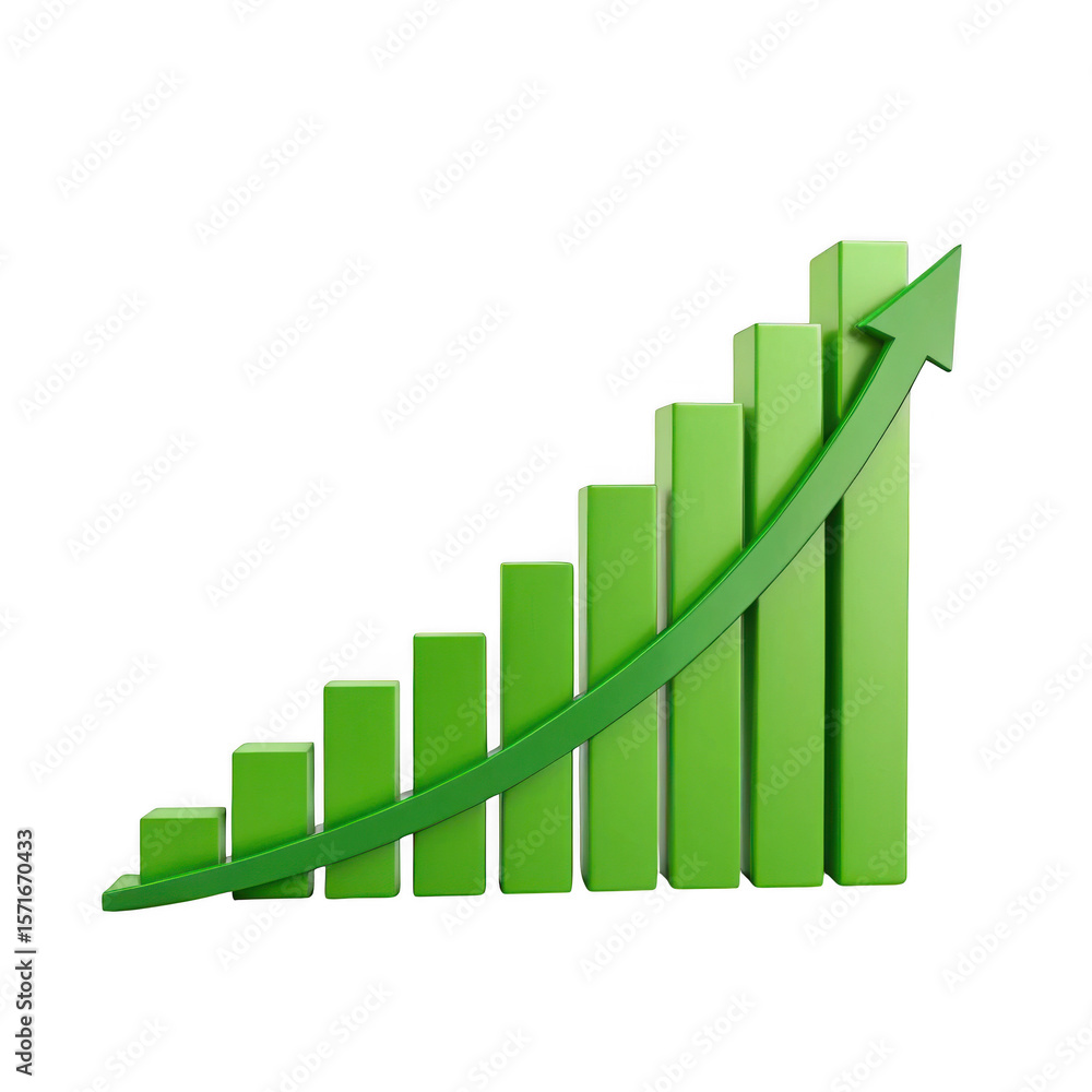 Poster green bar graph with arrow isolated on transparent background