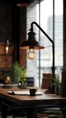 Naklejka premium An industrial lamp shines over a table with coffee, paper, and plants indoors