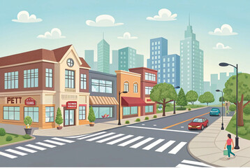 street in the city of the city. Urban street landscape with shopping mall and residential