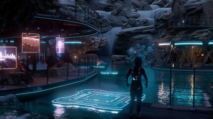 Futuristic scape with waterfall, geometric neon lights, a figure and a mountain backdrop