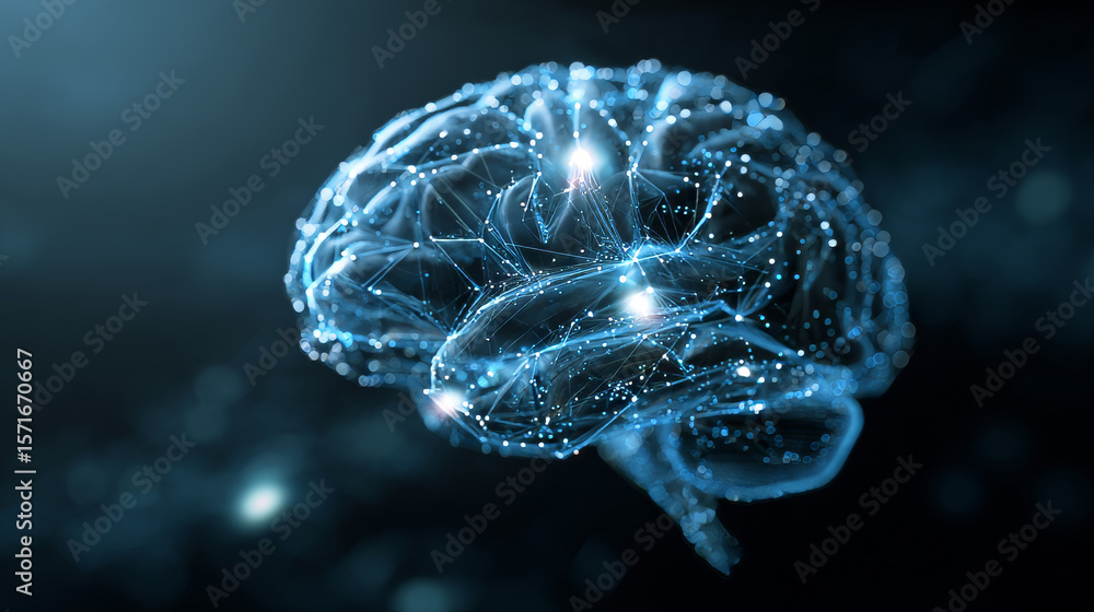 Poster futuristic digital brain made of glowing data particles with ai letters. concept of artificial intel