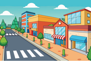 street in the city. shopping mall and residential buildings in background, cartoon vector. Cityscape with crossroads, sidewalk, building facades, pet-shop, town.