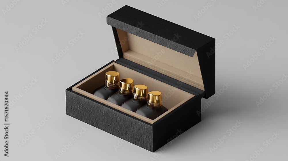 Poster black textured box opened to display four black bottles with gold lids inside elegantly