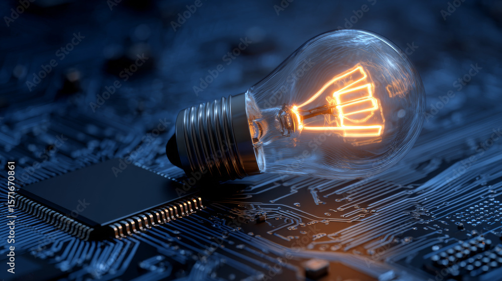 Poster abstract digital ai chip and lightbulb on technology blue background. artificial intelligence innova