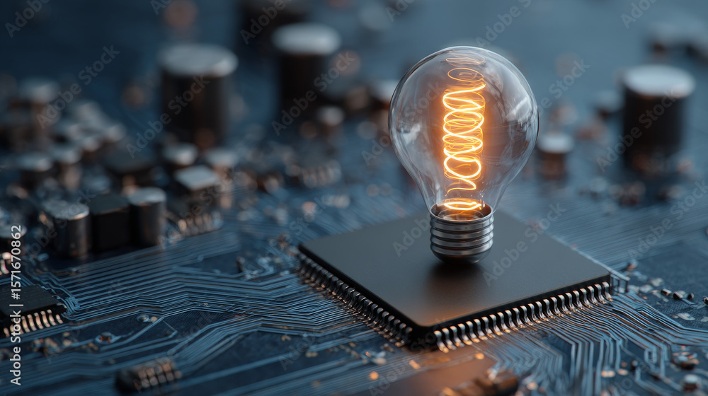 Poster abstract digital ai chip and lightbulb on technology blue background. artificial intelligence innova