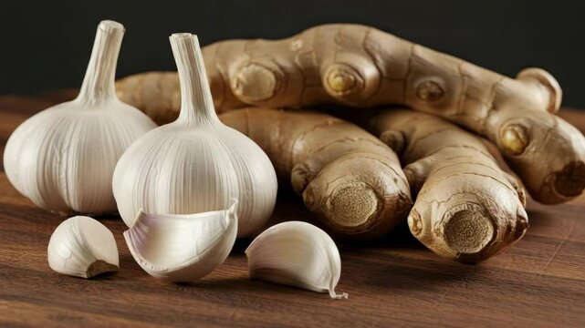 Fresh garlic and ginger roots displayed on wooden surface
