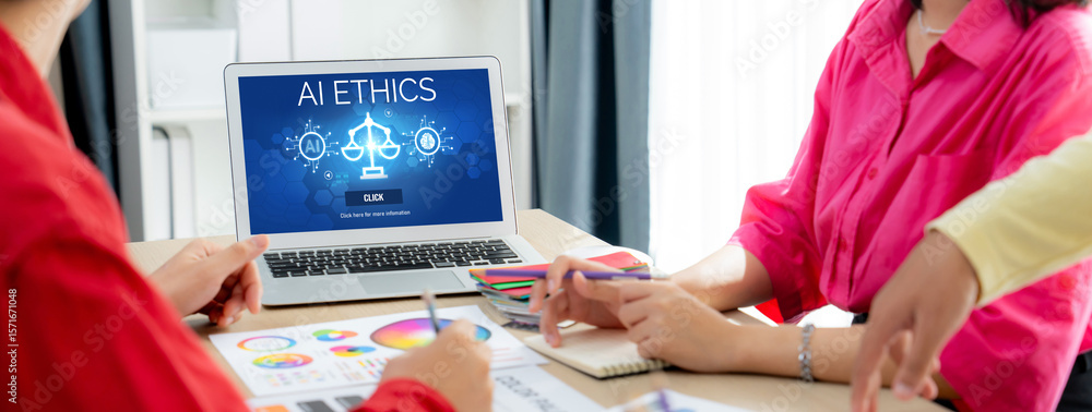 Poster ai ethics responsibility standard law and rules on computer screen provide report of ai ethic transp