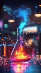 a chemistry lab flask with colorful smoke inside.