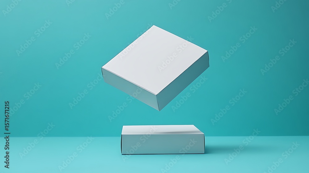 Poster clean presentation showcases a white box hovering over another identical box on turquoise
