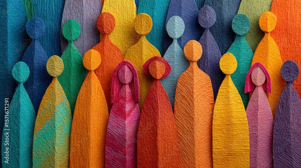 Poster a group of colorful paper figures showcases diversity and togetherness in an artistic setting. each 