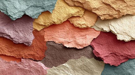 Various textured paper layers are arranged in an abstract pattern, showcasing an array of colors from pastel to vibrant, perfect for artistic backgrounds or creative projects.
