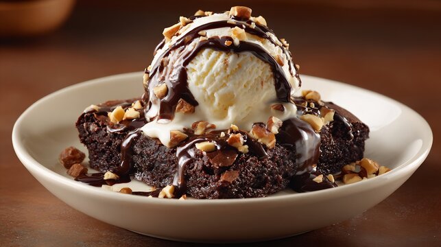 Chocolate brownie topped vanilla ice cream fudge sauce and nuts in bowl side angle with warm brown tones