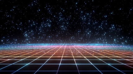 Synthwave wireframe net illustration. Abstract digital background. 80s, 90s Retro futurism, Retro wave cyber grid. Deep space surfaces. Neon lights glowing. Starry background. Vector 3D Rendering