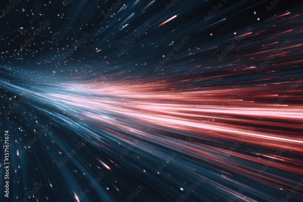 Poster streaks of colorful light travel through a vast galaxy scene captured in a technology-inspired desig