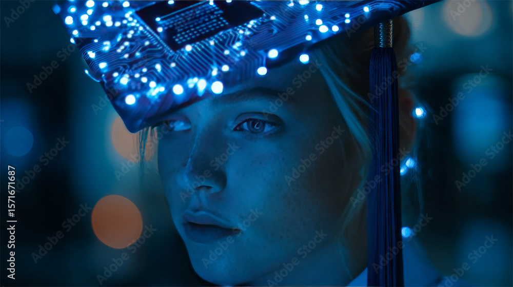 Poster ai education or machine learning background. abstract digital tech bg. ai chip and graduate hat in b