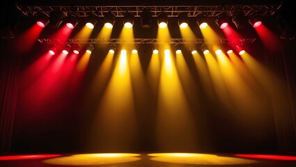 Combination of red and yellow stage lights with vibrant effect focusing at the center of the empty stage background