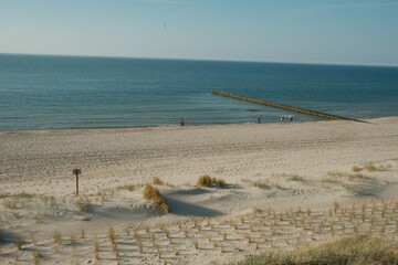 A serene view of a sandy beach along the Baltic Sea in Poland. Wooden groynes extend into the calm, blue water in the distance.