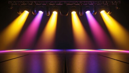 Combination of colorful and yellow stage lights with vibrant effect focusing at the center of the empty stage background
