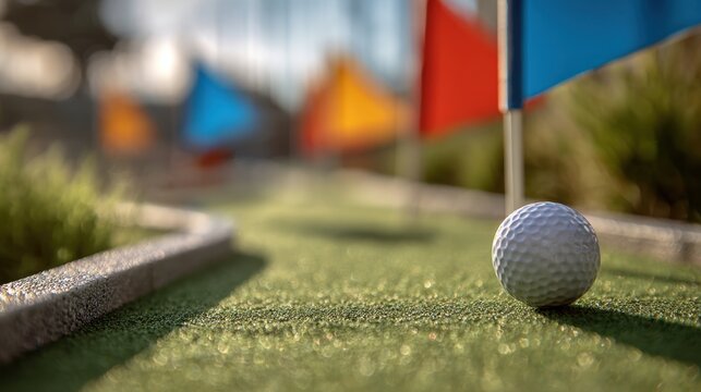 Mini golf course with colorful flags and golf ball on green turf