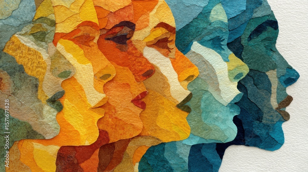 Poster artistic creation displays multiple profiles in a range of colors, promoting themes of diversity and