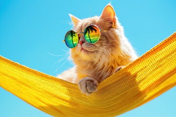 Ginger cat wearing sunglasses reflects palm tree and ocean in yellow hammock