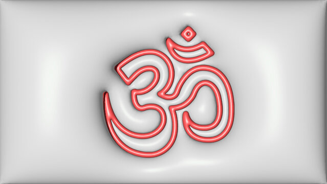 3D OM effect on a glossy cream background, Red Om on white background with inflate effect