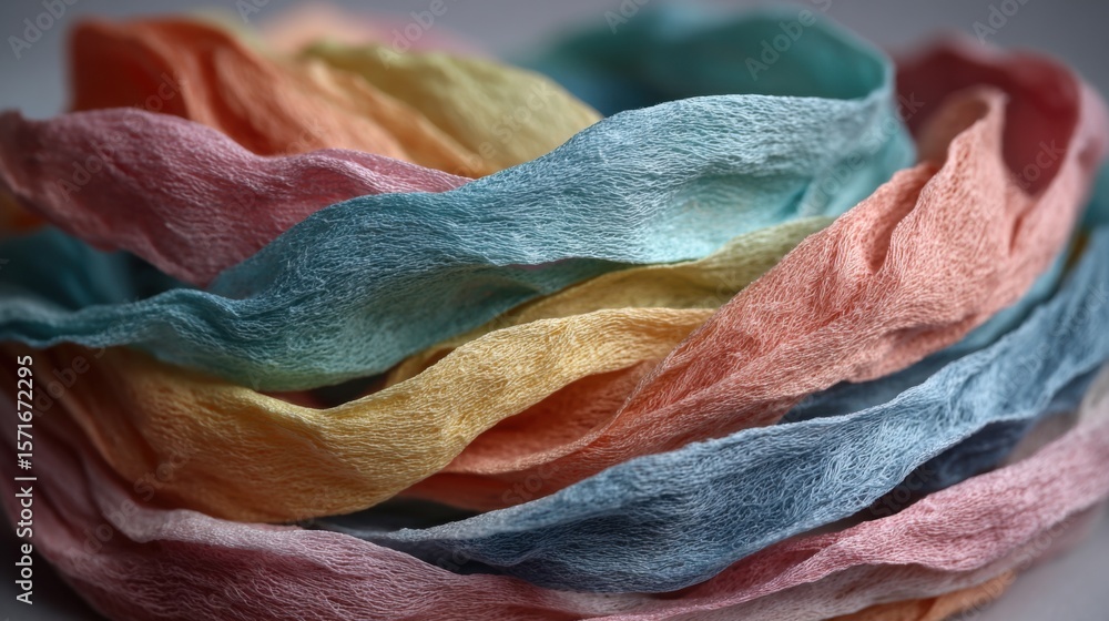 Poster brightly colored fabric ribbons twist and overlap, presenting a beautiful array of soft textures and