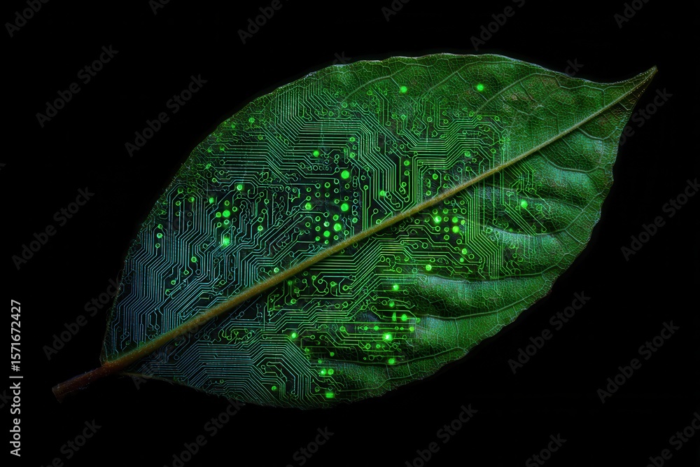 Poster illuminated leaf with glowing circuitry patterns showcases the fusion of nature and technology in a 