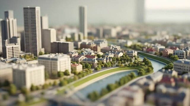 Miniature model of city with buildings and river in daylight  