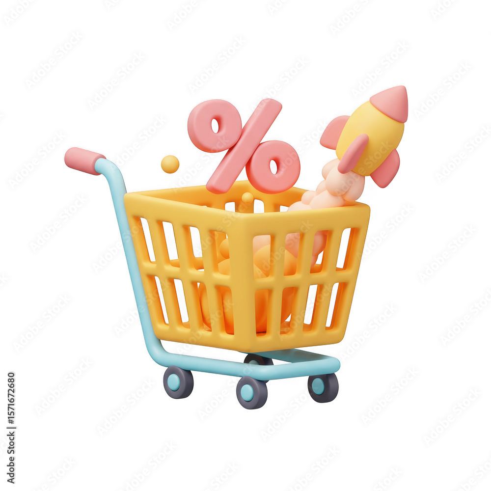 Poster a shopping cart with a rocket and percentage sign isolated on transparent background