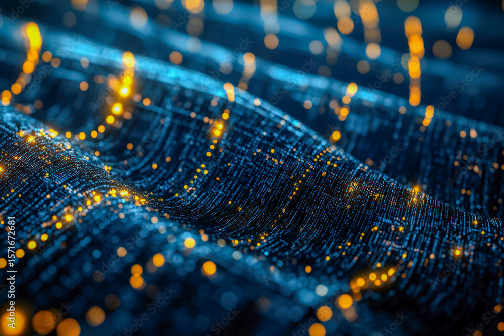 Poster abstract digital data stream with glowing points and flowing motion in deep blue and gold hues