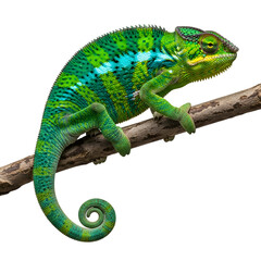 Obraz premium Marvel at the Natural Wonder of a Vibrant Chameleon as it Subtly Changes its Colors on a Branch on isolated transparent background.