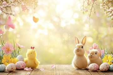 Cute Easter animals (bunny, chick, lamb) with flowers