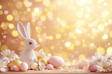 Cute Easter animals (bunny, chick, lamb) with flowers