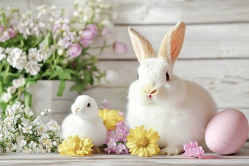 Cute Easter animals (bunny, chick, lamb) with flowers
