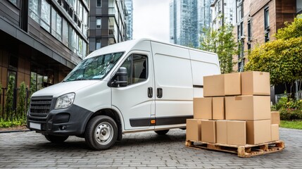 A delivery van stands beside a wooden pallet stacked with cardboard boxes in a modern city setting. Bright daylight highlights the sleek buildings in the background.