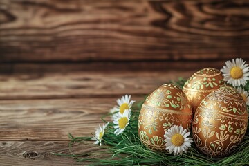Eggs lie on young grass, ornaments, circles, stripes, spring flowers, sun