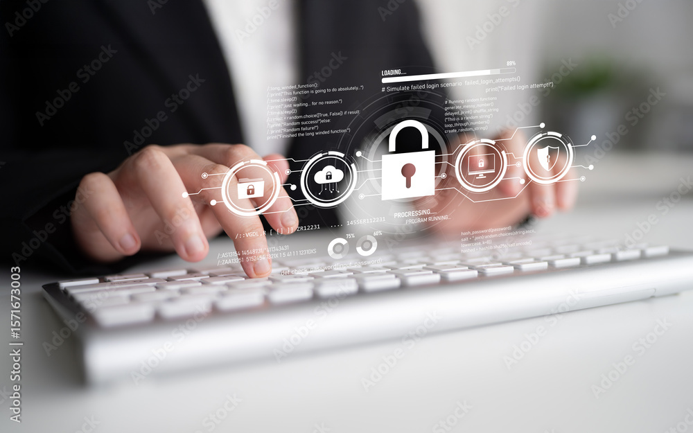 Poster cyber security protects against breaches, hacks, and network attacks using strong infrastructure and