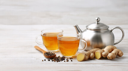 Brewed Comfort: A calming visual of hot ginger tea, prepared with whole spices and presented in clear glass cups alongside a metallic teapot, creating a serene scene of warm refreshment.