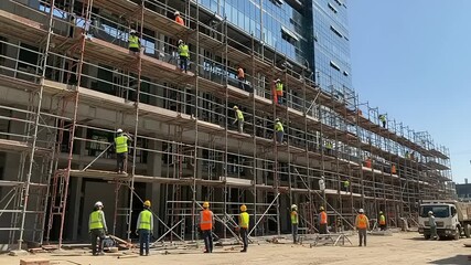 Construction workers working on scaffolding in a building, showing construction progress