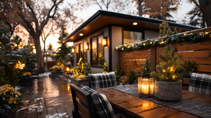 Cozy Christmas Cottage Terrace with Lights, Candles and Snow – European Winter Scene