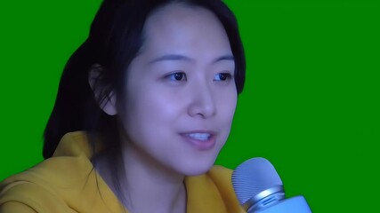 Exciting commentary from a woman at a live sports event on a green screen