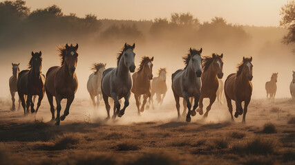 Fototapeta premium A herd of horses running in a field