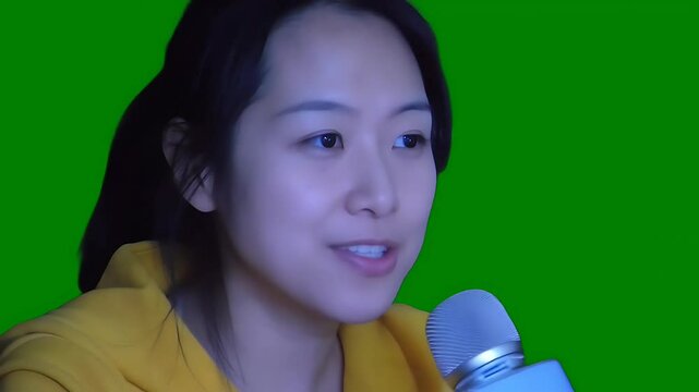 Exciting commentary from a woman at a live sports event on a green screen