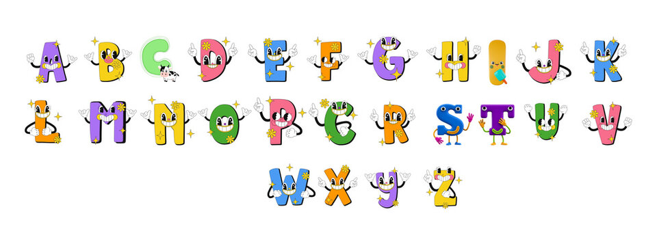 Retro Vintage Alphabet Cartoon Character Colorful alphabet letters. 